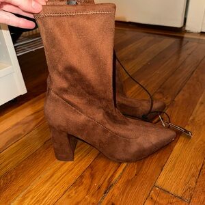 Express Brown Suede-Look Mid-Calf Block Heel Boots